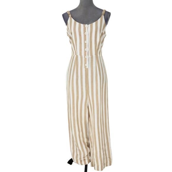 Rails Pants - Rails Jumpsuit Womens Medium Beige Stripe Linen Blend Ankle Crop Teresa Coastal